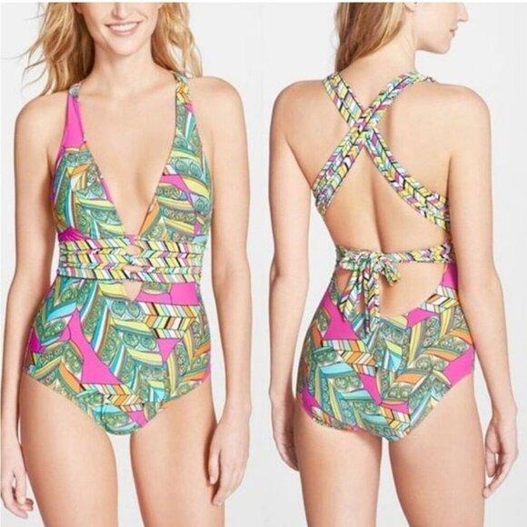 Trina Turk Geo Print Colorful Pink Green Deep V-Neck Open Back Swimsuit Size 10 - Picture 1 of 6